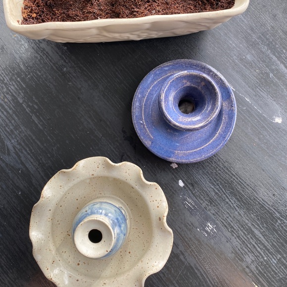 vintage handmade studio pottery candle candlestick holder blue and cream - Picture 3 of 4